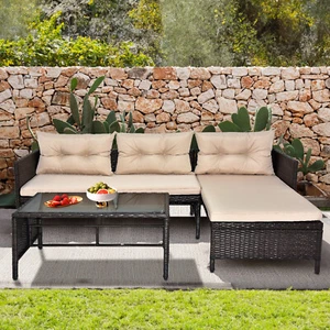 3 Piece Outdoor PE Rattan Furniture Set,Patio Black Wicker Sofa Sectional Couch - Picture 1 of 16