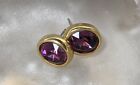 Swarovski Amethyst-Purple Crystal Earrings Feb Birthstone Gold Plate Studs Swan