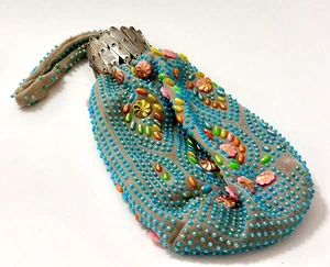 Vintage Hand Made Beaded Cloth Bag Drawstring Pouch Beggars Bag Multicolor 7" - Picture 1 of 6