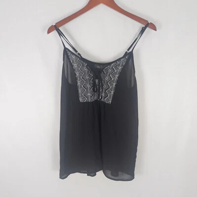 Love Stitch Shirt Womens Small Black Spaghetti Strap Top Sheer Keyhole Neck - Image 1 of 4