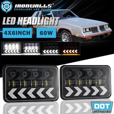 For Oldsmobile Delta 88 Pair 4x6" LED Headlights Hi/Lo Beam Dynamic Turn Signal - Image 1 of 4