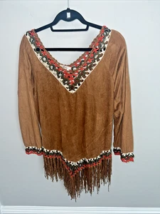 Camisa Pullover Boho Western Vintage Marrón Imitación Gamuza Crochet Cuello en V Talla L Nueva con Etiquetas - Imagen 1 de 23