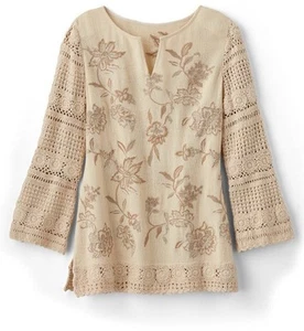 Soft Surroundings Cream Floral Sweater Embroidered Crochet Sleeve Tunic Size L - Picture 1 of 14