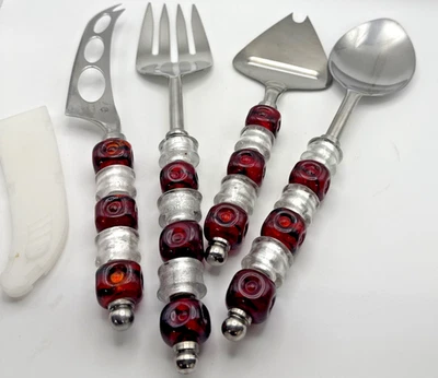 Beaded Serving Set Red White Stainless Pampered Chef 4 pc set Spoon Fork Knife - Image 1 of 4