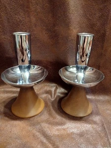 VTG Set Of 2 Danish Wood And Metal Candlestick Holders MCM 6" - Picture 1 of 4