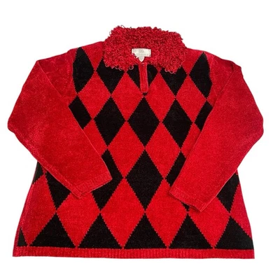 Lisa International Sweater Women's XL Red/Black Diamond Chenille Frilly 90s Y2K - Image 1 of 4