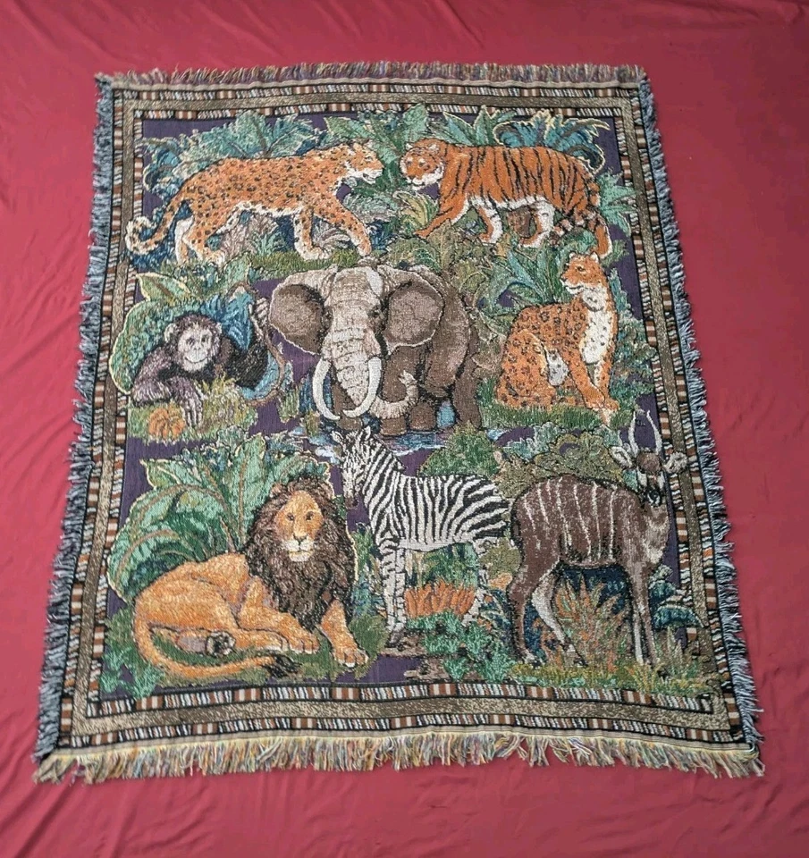 Manta tapiz vintage de animales de la selva raros tejedores americanos hecha en EE. UU. Foto 1 de 4