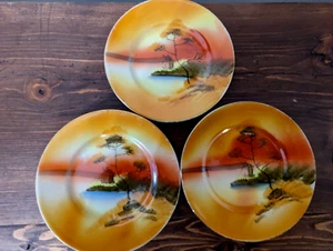 3 Antique Vtg. Made In Japan Small Plates Depicting Windmill, Tree. Orange, Red - Picture 1 of 5