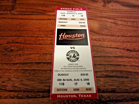 Astros vs Expos Full Season Ticket Stub 8/6/2000 Enron Field Biggio Bagwell Cover