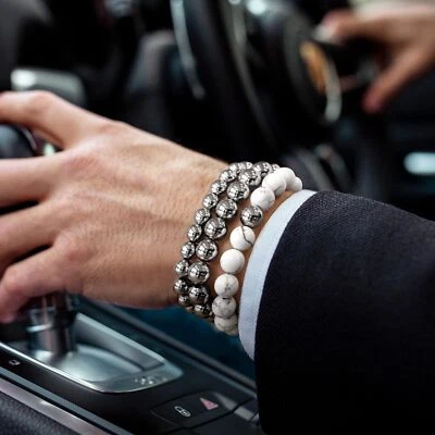 Juego de 3 brazalete brazalete de piedra howlita blanca natural enchapado en oro blanco de 14 quilates Foto 1 de 4