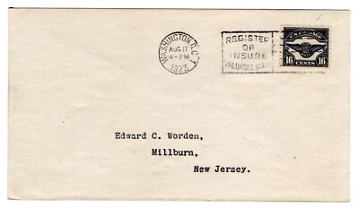 C5 Insignia 16c Airmail FDC 1923 Washington DC Slogan CCL Worden CV$600 - Image 1 of 2