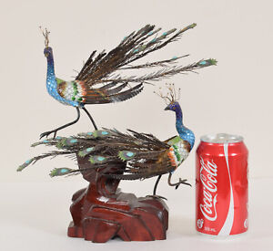 Chinese Silver Enamel Pair of Peacocks Peafowl Early to Mid 20th Century