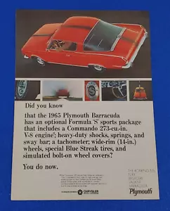 1965 PLYMOUTH BARRACUDA FORMULA "S" ORIGINAL COLOR PRINT AD CLASSIC CAR CHRYSLER - Picture 1 of 1