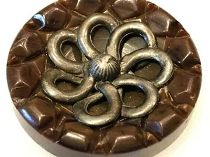 Large Bakelite Catalin Carved Fur Coat Button 1-9/16" 38mm Pewter Escutcheon - Picture 1 of 4