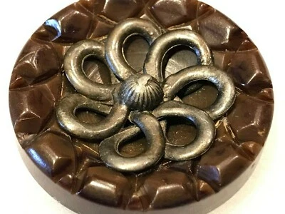 Large Bakelite Catalin Carved Fur Coat Button 1-9/16" 38mm Pewter Escutcheon  - Image 1 of 4