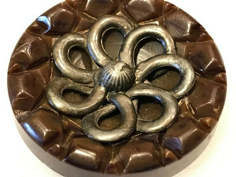 Large Bakelite Catalin Carved Fur Coat Button 1-9/16" 38mm Pewter Escutcheon Cover