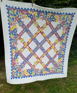 Great colors! Vintage Tablecloth Cotton 51x49-Gorgeous Colors - Picture 1 of 10