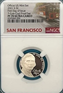 2021-S Jefferson Nickel 5C NGC PF 70 UCam 7-Münzen verkleidet Proof Set Erstausgabe - Bild 1 von 4