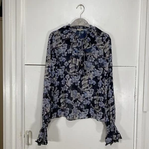 Blusa Top Temperley London Azul Marino Floral Perdida en el Mar Cuello Transparente Corbata Reino Unido 8 EE. UU. 4 - Imagen 1 de 8