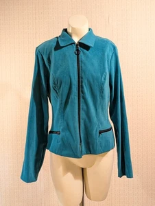 Vintage Moto Jacket M Turquoise Blue Fitted Microseude Office Core Full Zip Top - Picture 1 of 12
