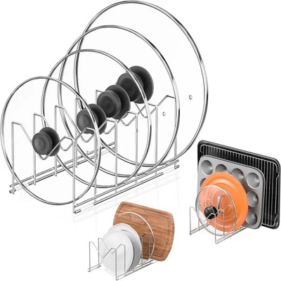 Paquete de 3 estantes organizadores de tapa de olla, soporte de tapa de acero inoxidable para almacenamiento de gabinete Foto 1 de 4