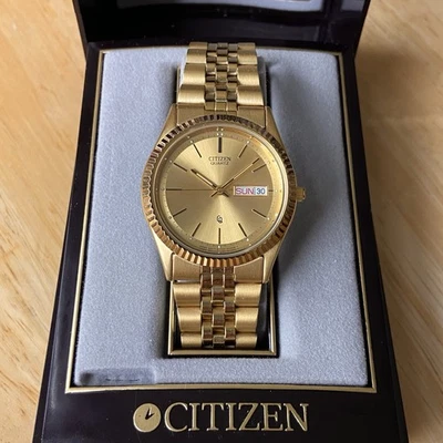 Reloj Citizen CQ President Hombre De Colección 36mm Cuarzo Tono Dorado Fecha Día ~ Batería Nueva Foto 1 de 4