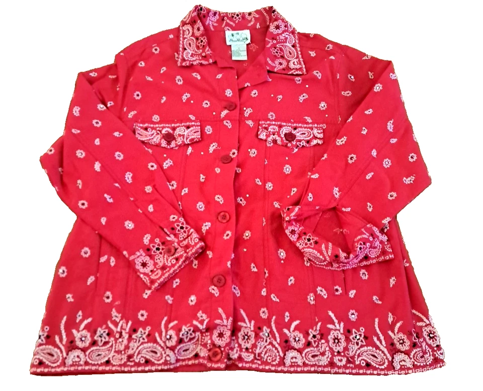 Womens Quacker Factory Bandanna Jacket Red Paisley Embellished Sequins Cotton 1X - Image 1 of 4