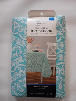 NEW Medallion Teal White PEVA Vinyl 60 x 84 Rectangle Tablecloth Indoor Outdoor - Image 1 of 2