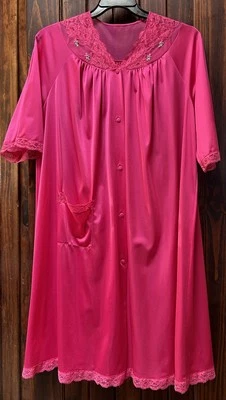Vtg 80’ Shadowline NightGown Or Robe Sz Lg Silky Nylon Hot Pink Feminine Lace - Image 1 of 4