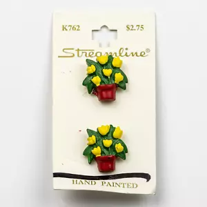Bottoni bouquet di fiori Streamline vintage tulipani gialli figura dipinta a mano NOS - Foto 1 di 3