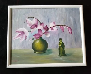 Unsigned Asian Themed Colorful Still Life Mid Century Original Oil Painting - Picture 1 of 9