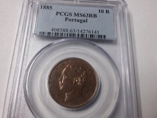1885 Portugal 10 Reis PCGS MS 63 RB