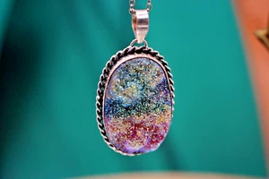 Sterling Silver 925 Pendant Necklace Blue/Pink Gold Shimmering Stone 32.36g - Picture 1 of 10