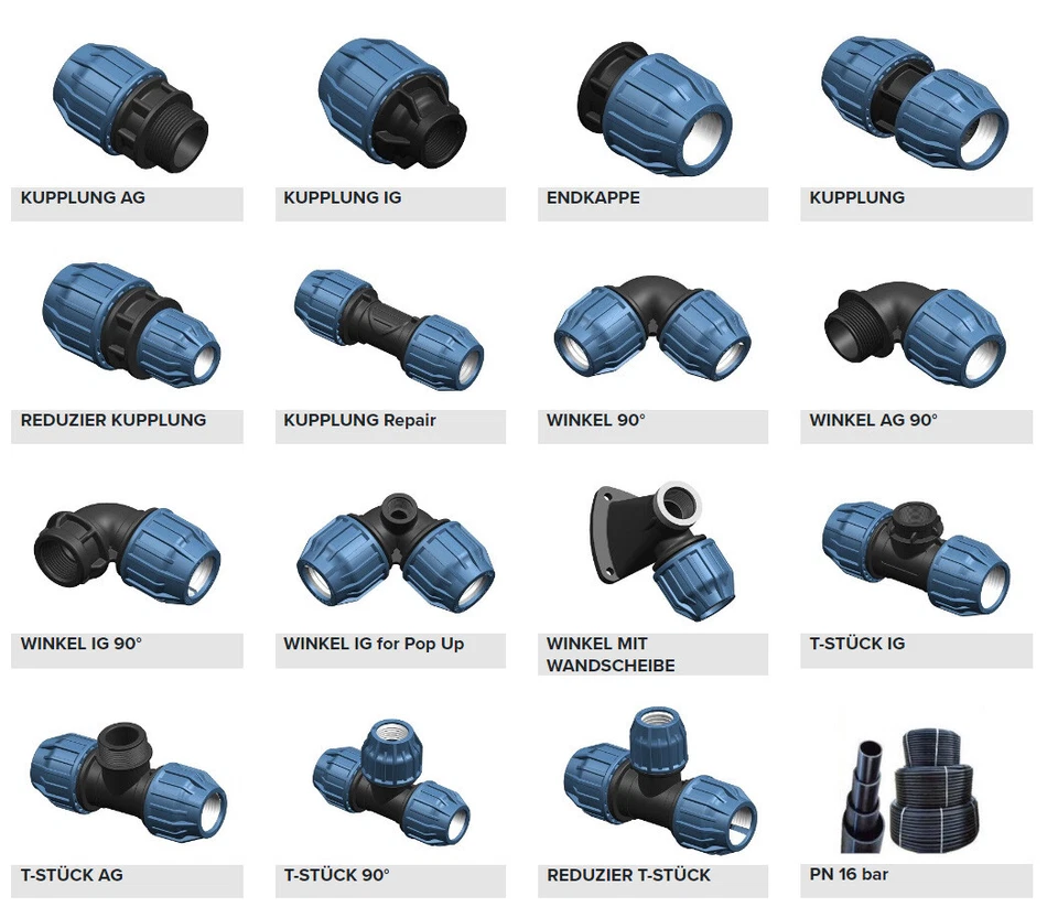 ELYSEE ROHRSYSTEME GMBH PP PE Fittings Klemm Muffe Kupplung Winkel T-Stück Kappe Verbinder DVGW PN16