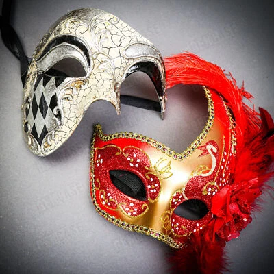 Silver Venetian Phantom Half Face w/ Gold RED Side Feather Men Women Couple Mask - Image 1 of 4