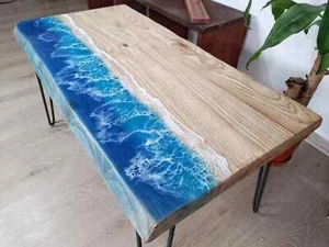 Ocean Wave Epoxy Resin Top Handmade Center Dining Table Top Live Edge Epoxy Deco - Picture 1 of 8