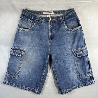 Vintage Anchor Blue Denim Cargo Shorts Mens 38 Blue Jorts Baggy 14" 90s  - Image 1 of 4