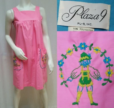 Vintage PLAZA 9 Pink Pinafore Babydoll Dress w/ Embroidered Pockets - Size S/M - Image 1 of 4