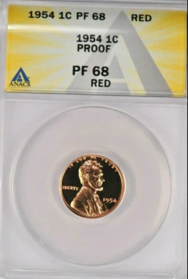 :1954 1C KEY-DATE LINCOLN-CENT PROOF ANACS PF 68 RD LOW-POP RARITY R4 TOP-POP - Image 1 of 2