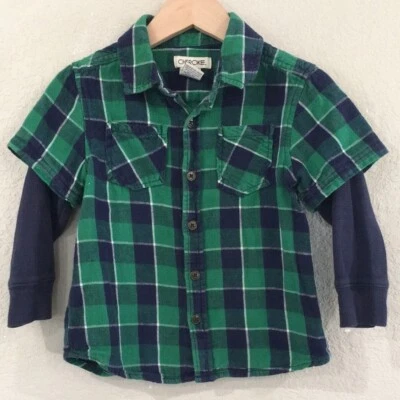 Acogedora camiseta Cherokee para niños talla 3 verde y azul franela a cuadros 100 % algodón Foto 1 de 4