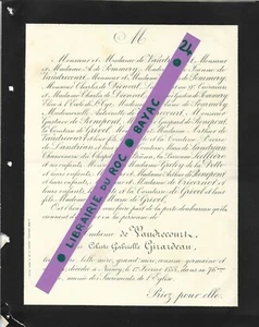 FAIRE PART DECES + Céleste Gabrielle de VAUDRECOURT née GIRARDEAU + 1888 Nancy - Picture 1 of 1