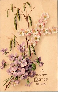 Cherry Blossoms Cross Violets Lambs Tail Happy Easter Postcard embossed UNP - Picture 1 of 2