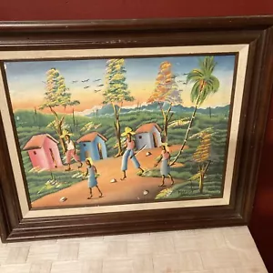 Haiti Painting Canvas signed Marcey 16”x20”Matted FrameHaitian Life people color - Picture 1 of 12