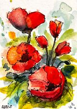 watercolor flower painting 'red poppies ' ACEO art, limited edition trading card