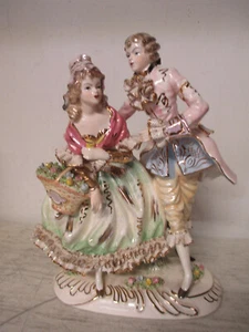 Vintage 12 1/4" x 9" Porcelain Figurine, Unbranded, Gold Trim - Picture 1 of 11