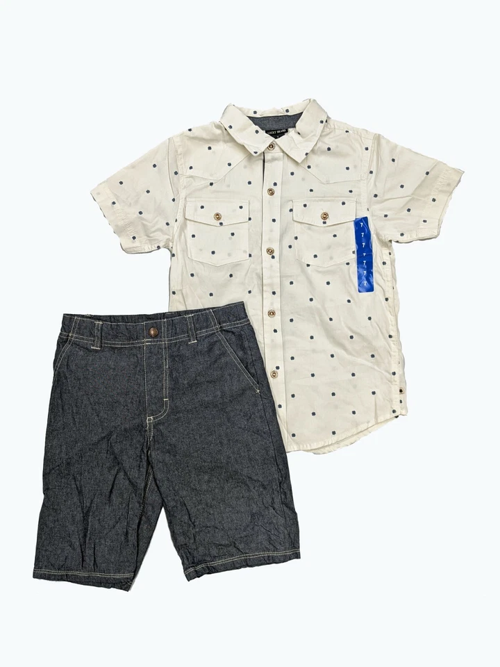 Conjunto de 2 camisas/pantalones cortos de mezclilla con botones tejido trébol Lucky Brand para niños Foto 1 de 1
