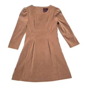 Chloe Chen Womens Camel Brown Faux Suede Skater Dress S Pleated LS Earthy Oxford - Picture 1 of 14