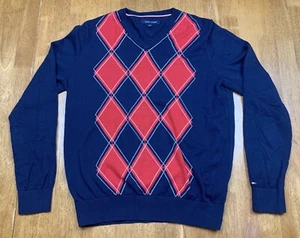 Tommy Hilfiger Herren Gr. M blau/rot Argyle Langarm Pullover Sweater V-Ausschnitt - Bild 1 von 7
