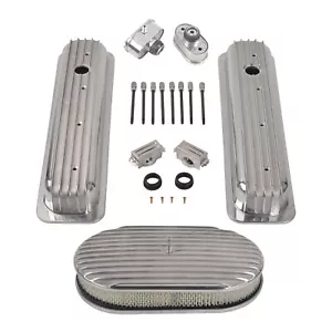 For SBC Chevy 350 87-97 Finned Short Valve Cover & 15" Air Cleaner & Breather - Picture 1 of 12