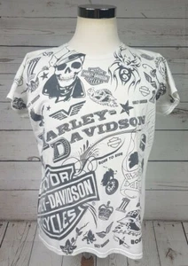 Harley Davidson Bravado Women's XL T-Shirt Born To Ride Big Logos Wht Blk - Rare - Picture 1 of 8